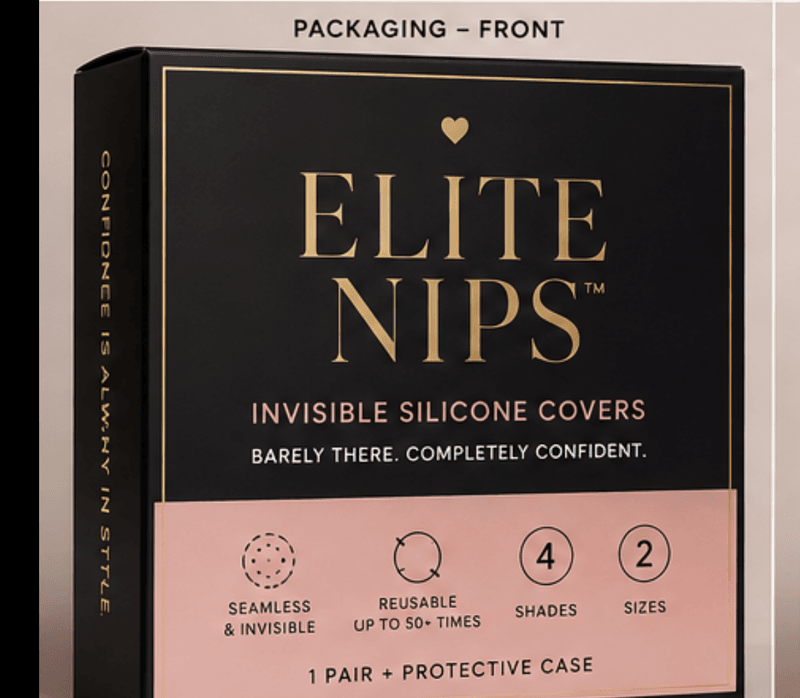 Elite Nips packaging — black and blush box with 1 pair and protective case